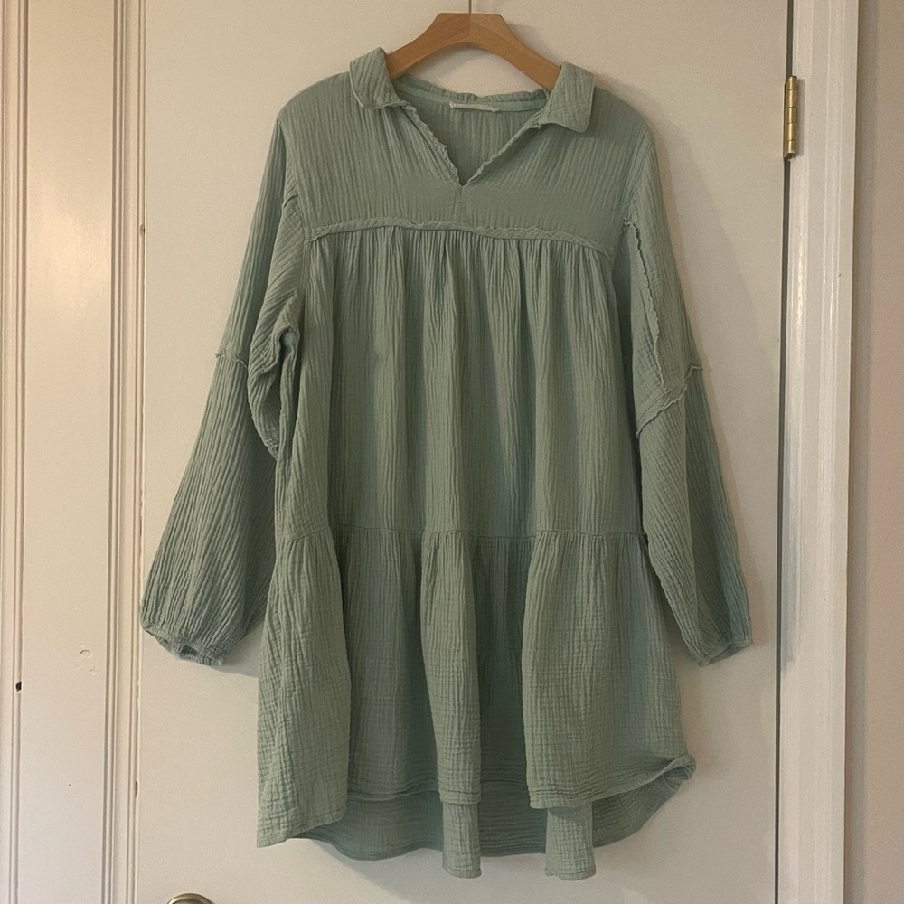 Sage Green Long-Sleeve Dress with Pockets